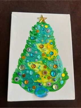 Embellished Green & Teal Holiday Tree Canvas Aqua & Gold Jeweled Christmas Tree